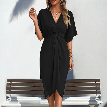 Twist Front Midi Dress with V-Neck and Raglan Sleeves