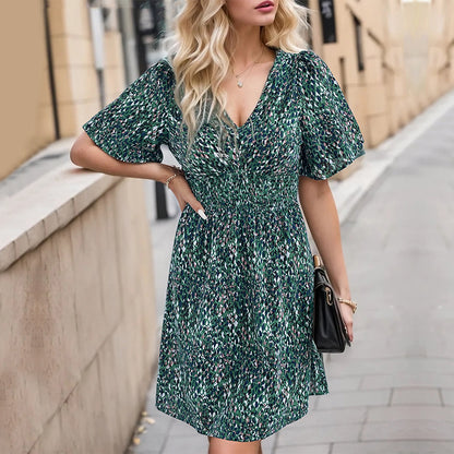 Floral A-Line Midi Dress with V-Neck and Shirred Waist