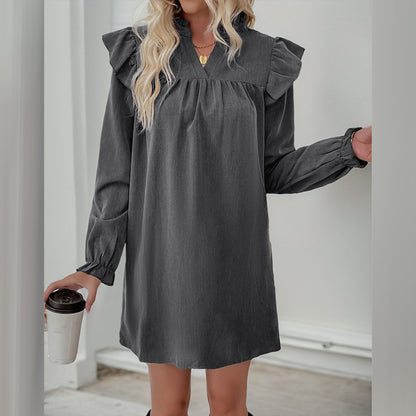 Solid A-Line Dress with Ruffled Stand Collar and Long Sleeves