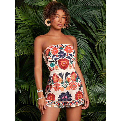 Floral Print Strapless Romper with Elastic High Waist