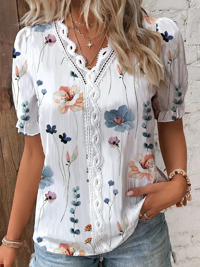 Floral Print Short Sleeve Shirt with Lace V-Neck