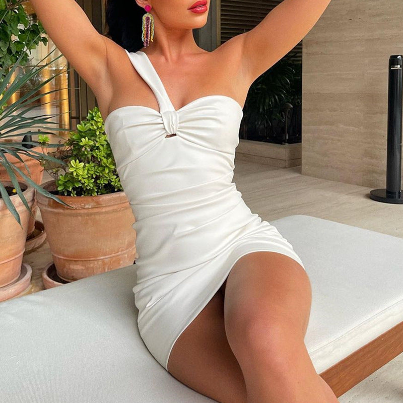One-Shoulder Ruched PU Leather Bodycon Mini Dress