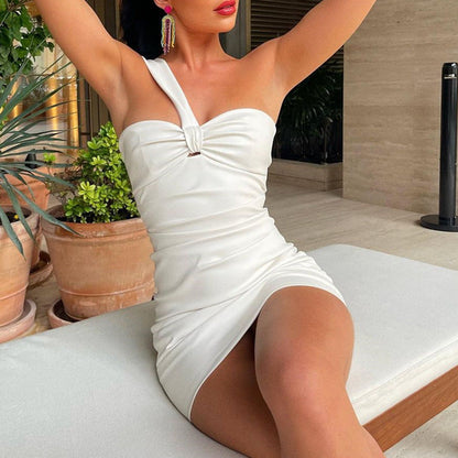 One-Shoulder Ruched PU Leather Bodycon Mini Dress
