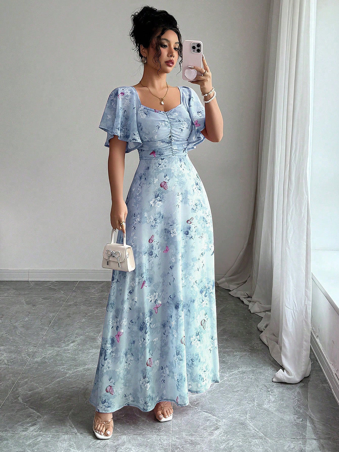 Floral Print Maxi Dress with Flutter Sleeves and Ruched Bust