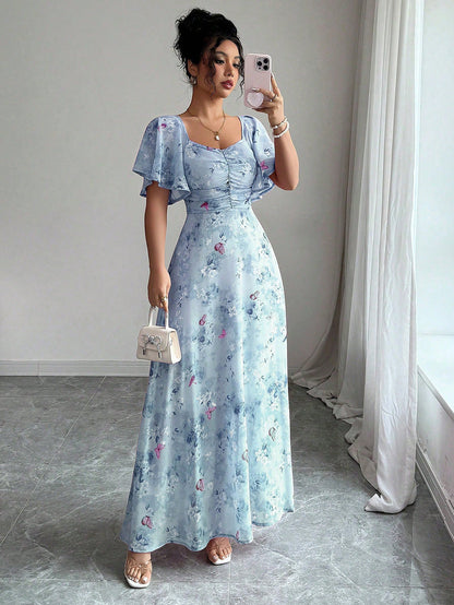 Floral Print Maxi Dress with Flutter Sleeves and Ruched Bust