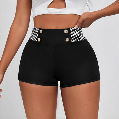 High-Waist Hot Pants with Houndstooth Band and Buttons