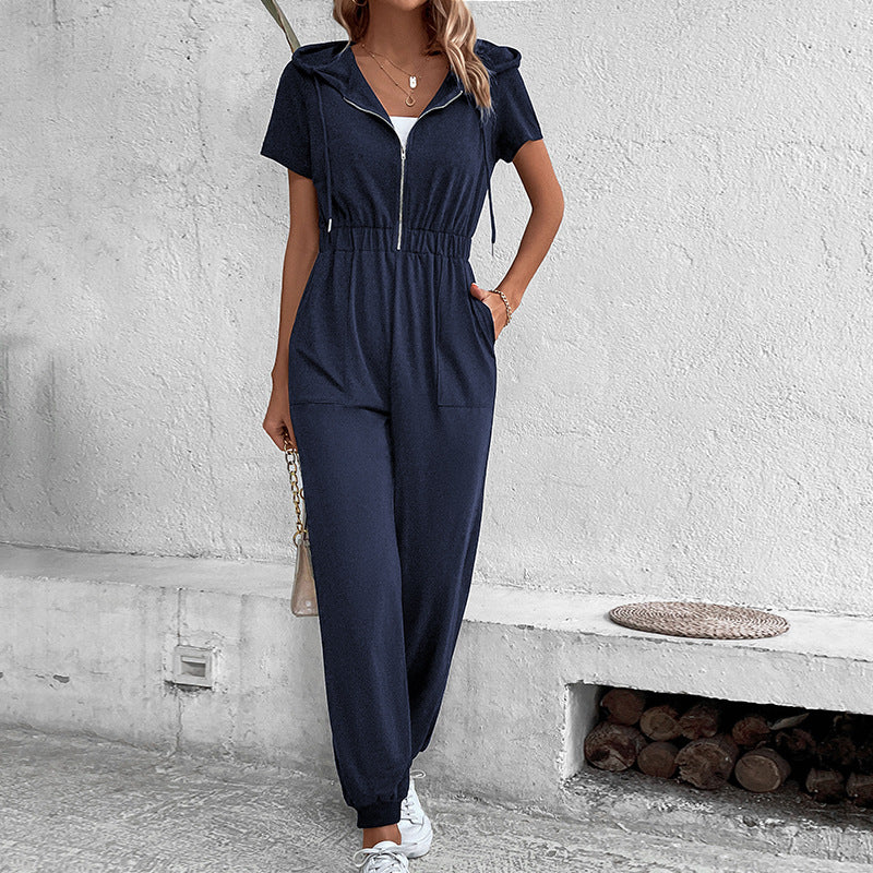 Solid Hooded Jumpsuit with Short Sleeves and Zip Front