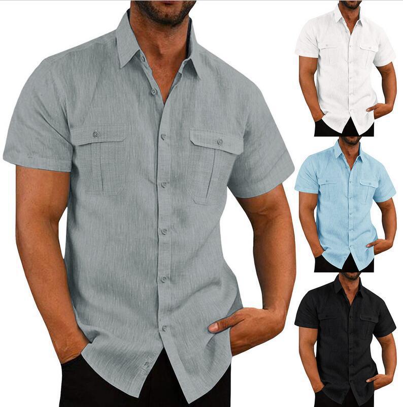Solid Polyester Short Sleeve Button-Up Shirt with Dual Pockets