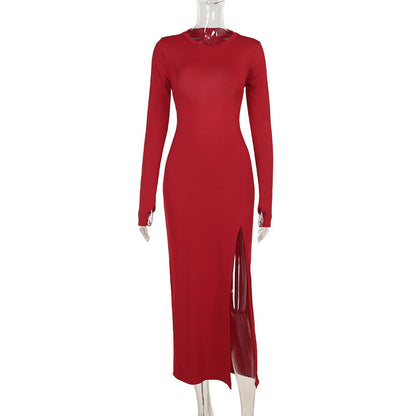 Backless Slim Fit Long Sleeve Knitted Dress Spice Red