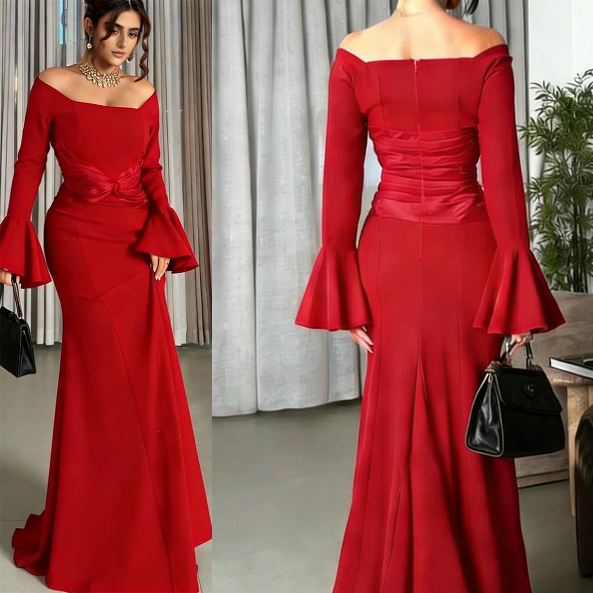 Off-Shoulder Maxi Dress with Bell Sleeves and Twisted Waist