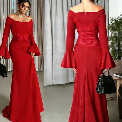 Off-Shoulder Maxi Dress with Bell Sleeves and Twisted Waist