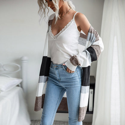 Long Color-Blocked Sweater Cardigan with Open Front
