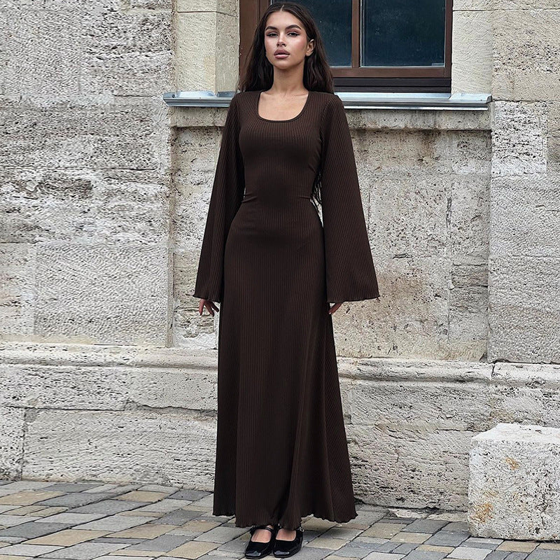 Ribbed Maxi Dress with Bell Sleeves and Lace-Up Back