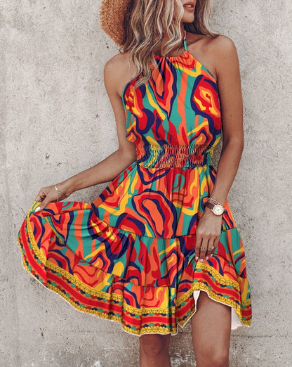 Vibrant Printed Dress with Halter Neck and Smocked Waist