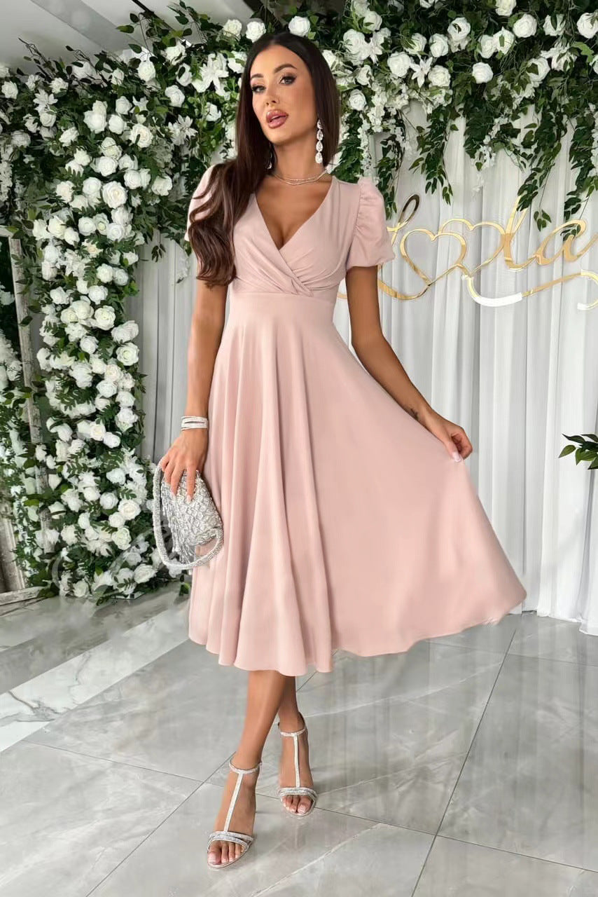 A-Line Midi Dress with Wrap V-Neck and Puff Sleeves