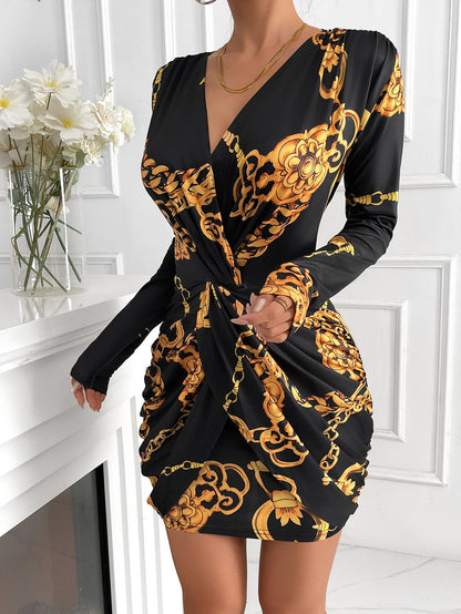 Gold Chain Print Bodycon Dress with V-Neck and Twisted Front
