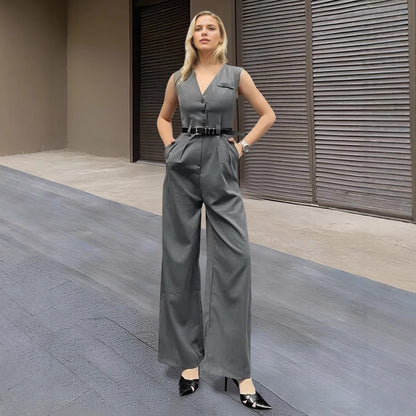 Wide-Leg Jumpsuit with V-Neck Vest and Belted Waist