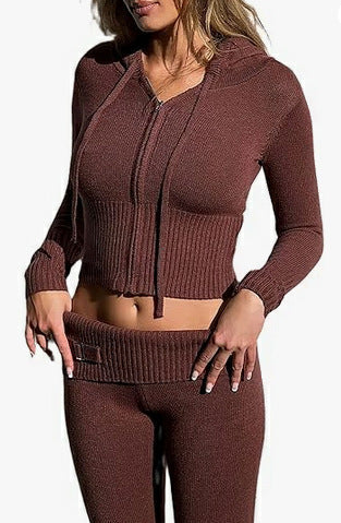 Ribbed Knit Two-Piece Set with Cropped Zip Hoodie and Flare Pants
