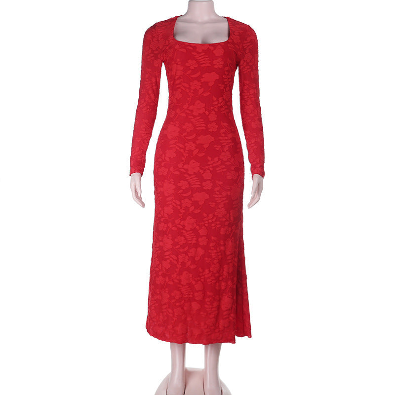 Jacquard Bodycon Midi Dress with Long Sleeves and Square Neck