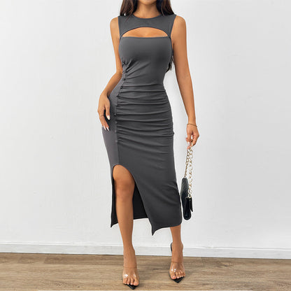 Ruched Bodycon Midi Dress with Chest Cutout and Side Slit