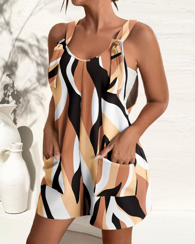 Patterned Romper with Tied Shoulder Straps and Pockets