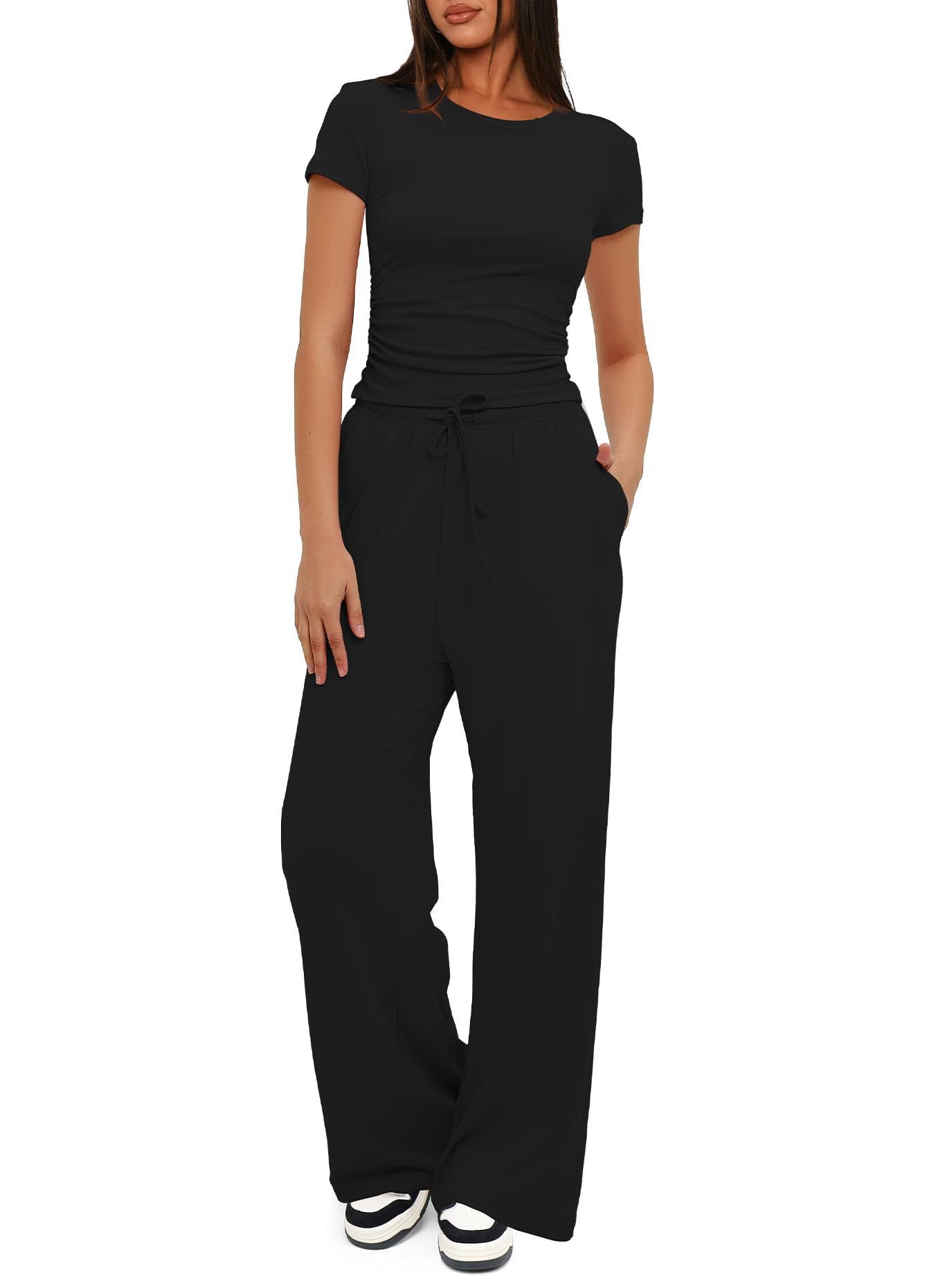 Solid Modal Two-Piece Set with Ruched Top and Wide-Leg Pants