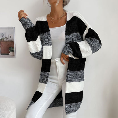 Striped Open Front Cardigan with Long Length