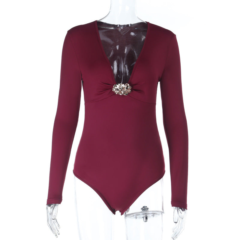 Bodycon Long Sleeve Top with Deep V-Neck and Gold Floral Brooch