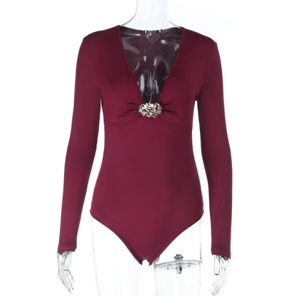 Bodycon Long Sleeve Top with Deep V-Neck and Gold Floral Brooch