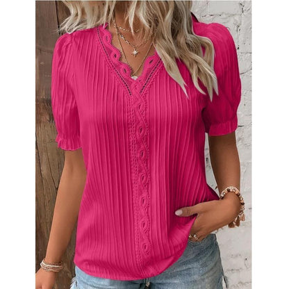 Pleated Short-Sleeve Blouse with Lace V-Neck