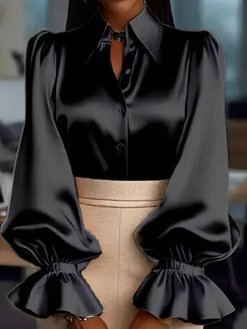 Solid Satin Blouse with Puff Sleeves and Ruffled Cuffs