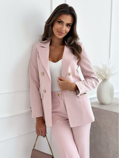 Solid Double-Breasted Suit Jacket with Lapel Collar