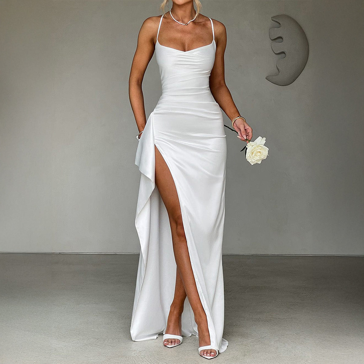 Satin-Finish Maxi Dress with Spaghetti Straps and High Slit