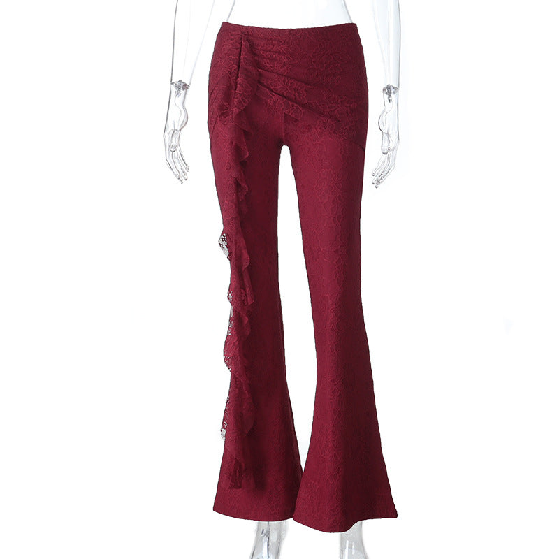 Flared Lace Pants with Cascading Ruffle Detail