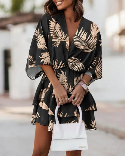 Printed Mini Dress with Faux Wrap V-Neck and Bat Sleeves