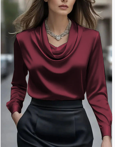 Solid Satin Blouse with Cowl Neck and Long Sleeves