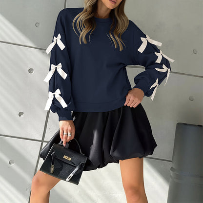 Loose Fit Solid Sweatshirt with Bow Detail Lantern Sleeves