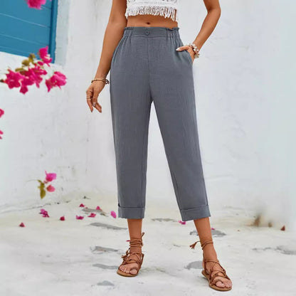 Wide-Leg Cropped Pants with Elastic Waist and Cuffed Hem