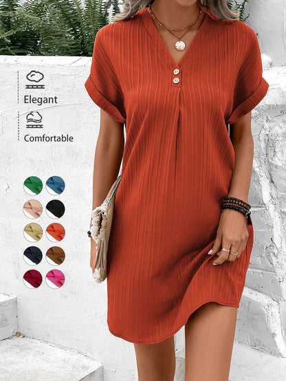 Ribbed A-Line Mini Dress with V-Neck and Button Detail