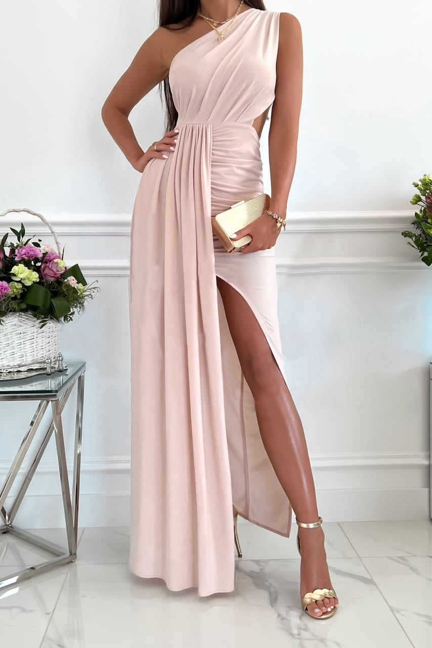 Draped One-Shoulder Maxi Dress with Cut-Out and Slit