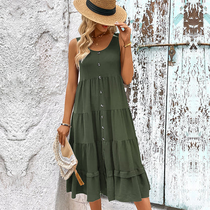 Solid Tiered Midi Dress with Button Front and Slit