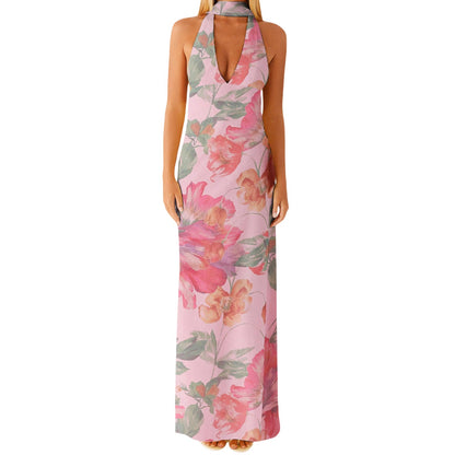 Halter Sheath Maxi Dress with Choker Collar and V-Neck