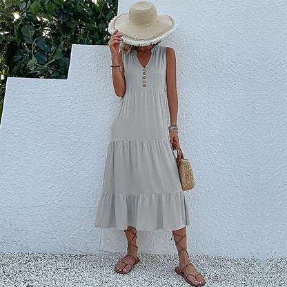 Solid A-Line Tiered Midi Dress with V-Neck and Sleeveless