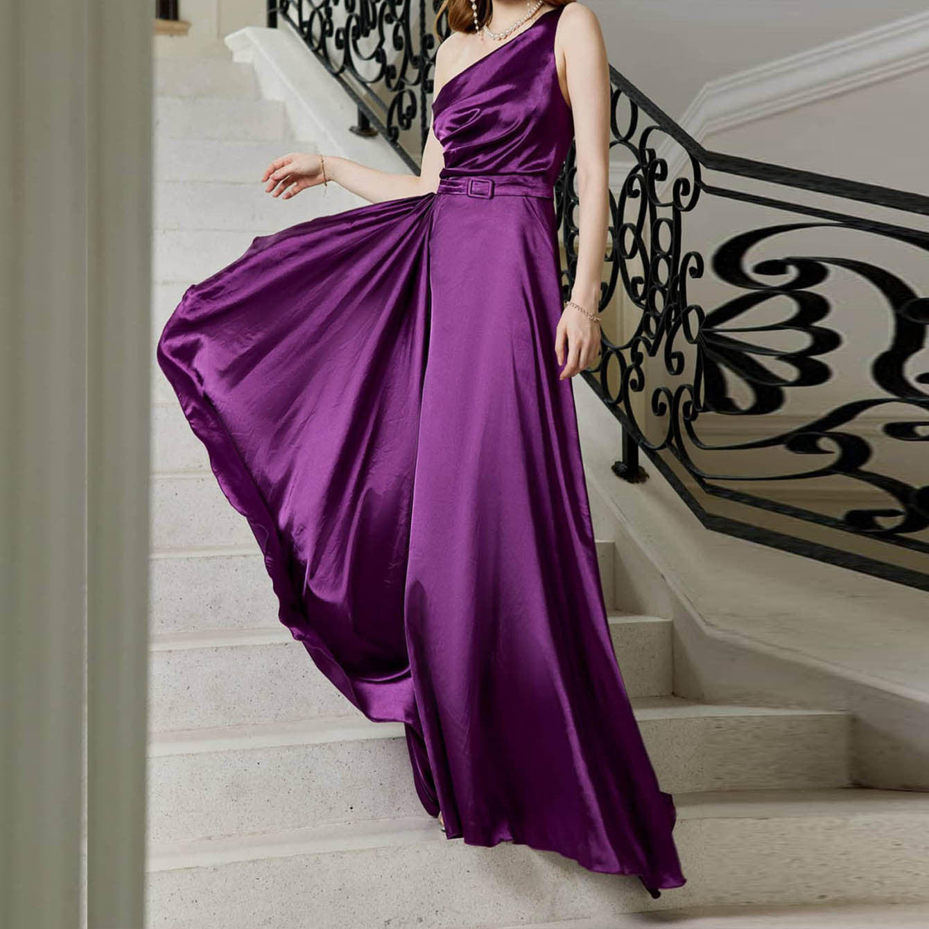 One-Shoulder Maxi Gown with Belted Waist and Slit
