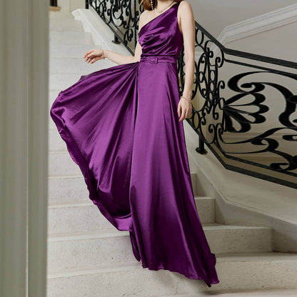 One-Shoulder Maxi Gown with Belted Waist and Slit