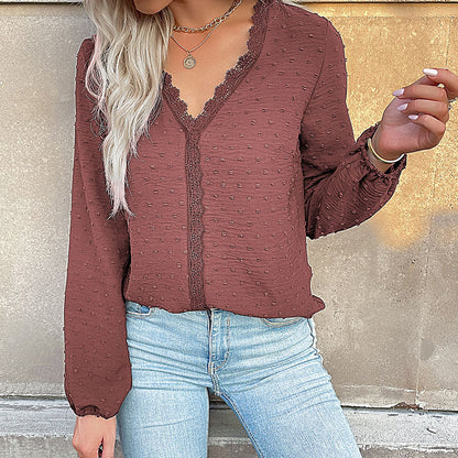 Solid Dotted Long-Sleeve Blouse with Lace Trim