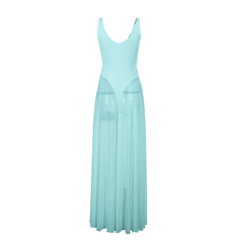 A-Line Maxi Dress with Leopard Print and Sheer Pleated Skirt