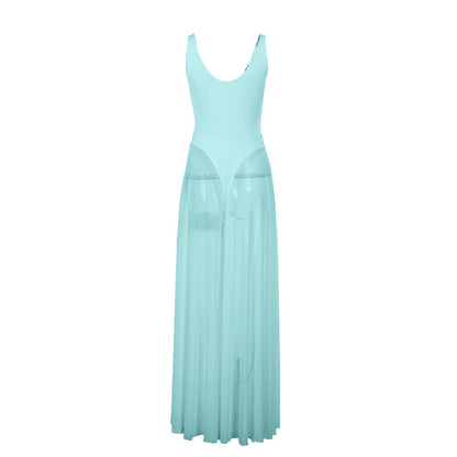 A-Line Maxi Dress with Leopard Print and Sheer Pleated Skirt