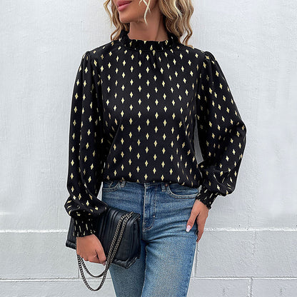 Bronzing Diamond Print Blouse with Mock Neck and Smocked Cuffs