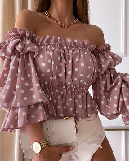Printed Off-Shoulder Blouse with Ruffled Sleeves and Gathered Hem